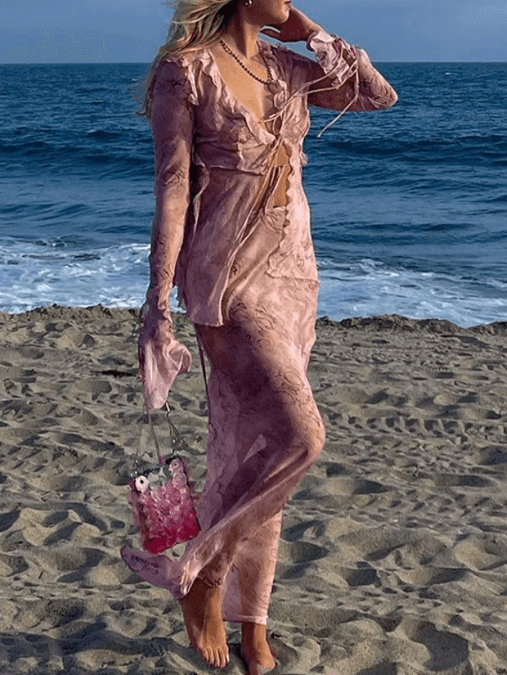 Coquette Aesthetic Wood Ear Print Skirt Suit - Y2K Fashion Outfit