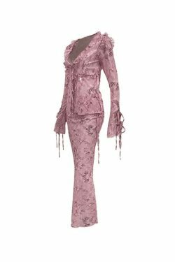 Coquette Aesthetic Wood Ear Print Skirt Suit - Y2K Fashion Outfit