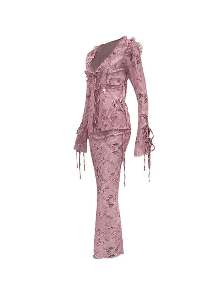 Coquette Aesthetic Wood Ear Print Skirt Suit - Y2K Fashion Outfit