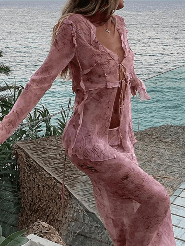 Coquette Aesthetic Wood Ear Print Skirt Suit - Y2K Fashion Outfit