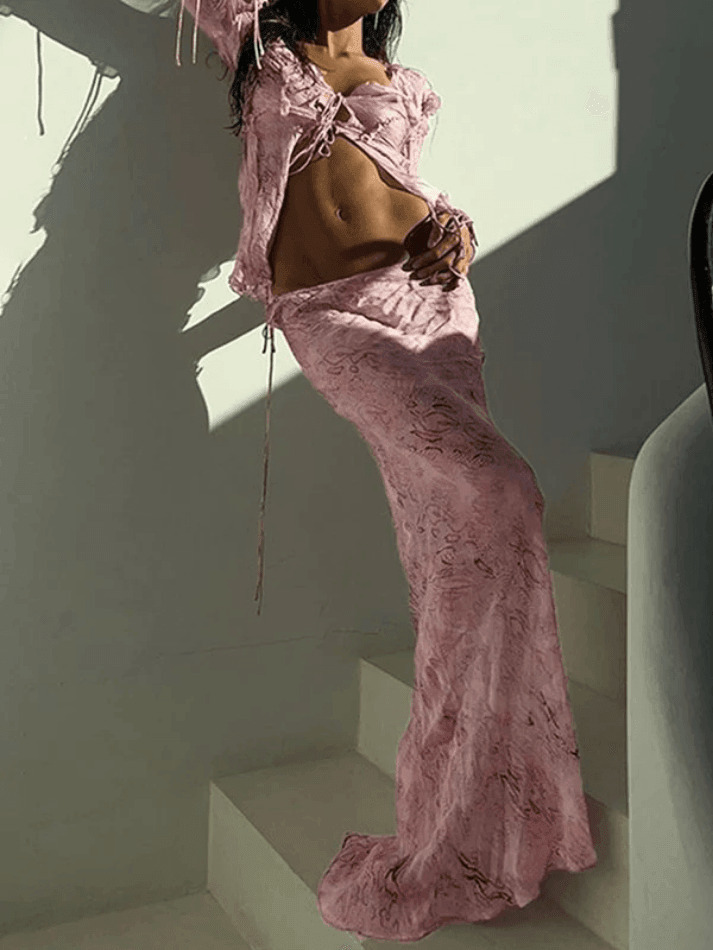 Coquette Aesthetic Wood Ear Print Skirt Suit - Y2K Fashion Outfit