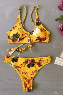 Coquette Aesthetic Yellow Flower Print String Bikini Set
