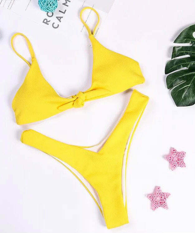 Coquette Aesthetic Yellow Ribbed Bikini Set with High Cut and Knot Detail