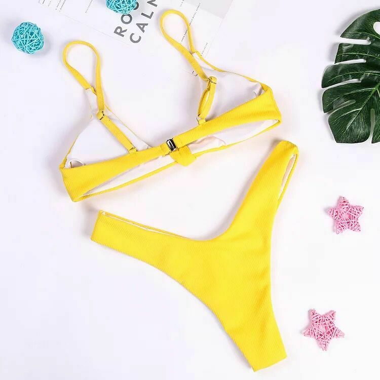 Coquette Aesthetic Yellow Ribbed Bikini Set with High Cut and Knot Detail