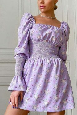 Cottagecore Puffy Sleeve Mini Dress with Elastic Waist
