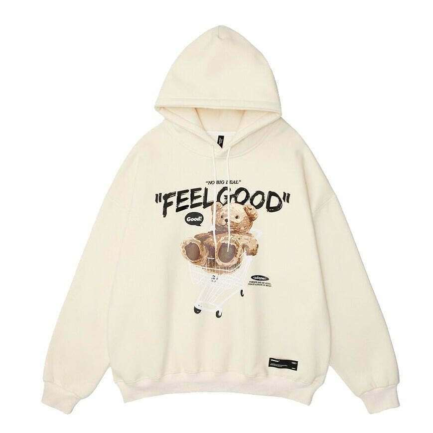 Cozy 'Feel Good' Teddybear Hoodie for Y2K Fashion Enthusiasts