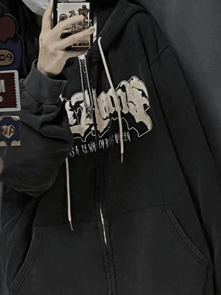 Cozy Fleece-Lined Zip-Up Hoodie with Horn Detail for Y2K Aesthetic Fashion