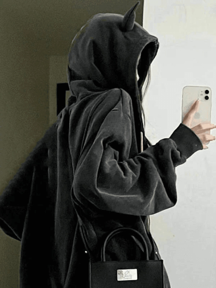 Cozy Fleece-Lined Zip-Up Hoodie with Horn Detail for Y2K Aesthetic Fashion