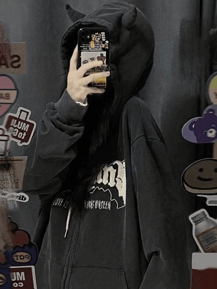 Cozy Fleece-Lined Zip-Up Hoodie with Horn Detail for Y2K Aesthetic Fashion