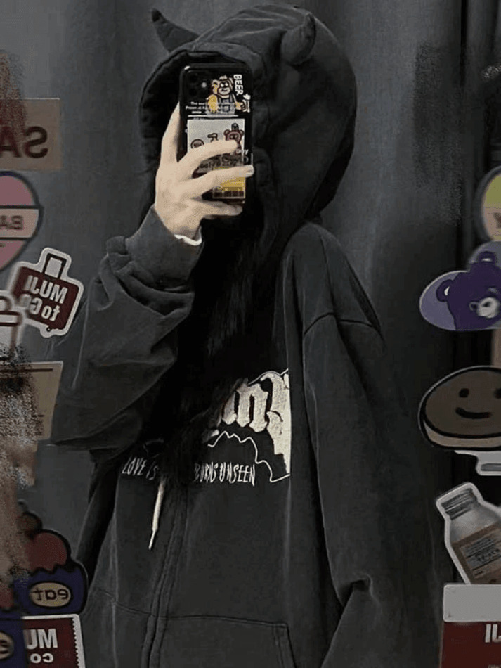 Cozy Fleece-Lined Zip-Up Hoodie with Horn Detail for Y2K Aesthetic Fashion