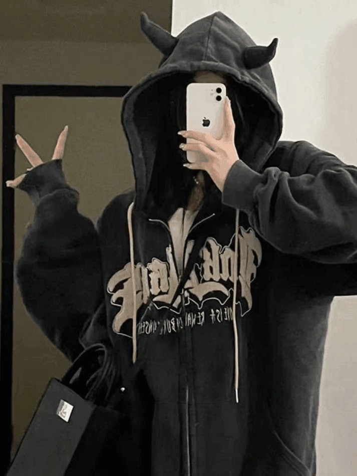 Cozy Fleece-Lined Zip-Up Hoodie with Horn Detail for Y2K Aesthetic Fashion