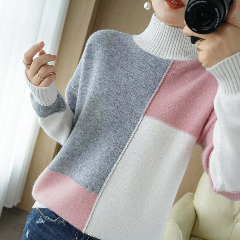 Cozy High Neck Cashmere Sweater for Y2K Fashion Enthusiasts - Grunge