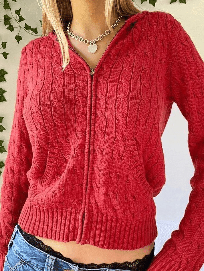 Cozy Hooded Cable Knit Cardigan for Y2K Fashion - Grunge, Pastel Goth, Coquette