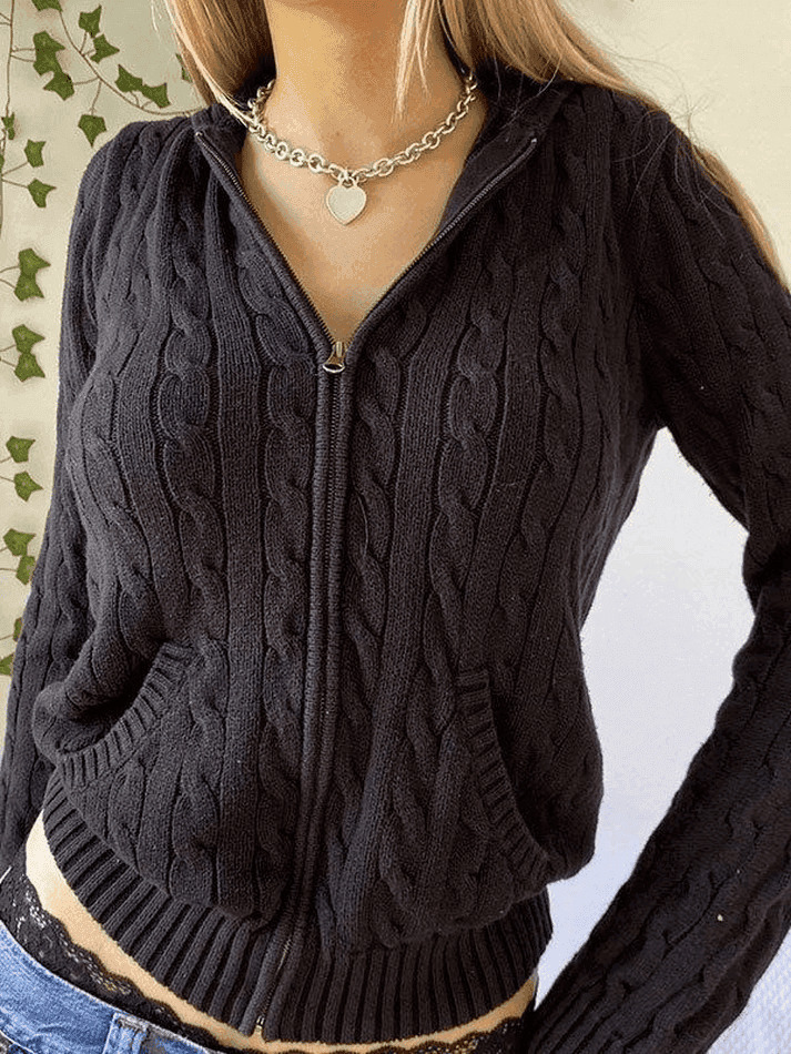 Cozy Hooded Cable Knit Cardigan for Y2K Fashion - Grunge, Pastel Goth, Coquette