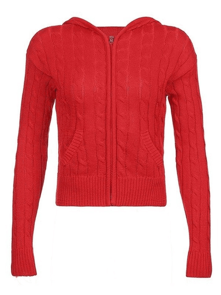 Cozy Hooded Cable Knit Cardigan for Y2K Fashion - Grunge, Pastel Goth, Coquette