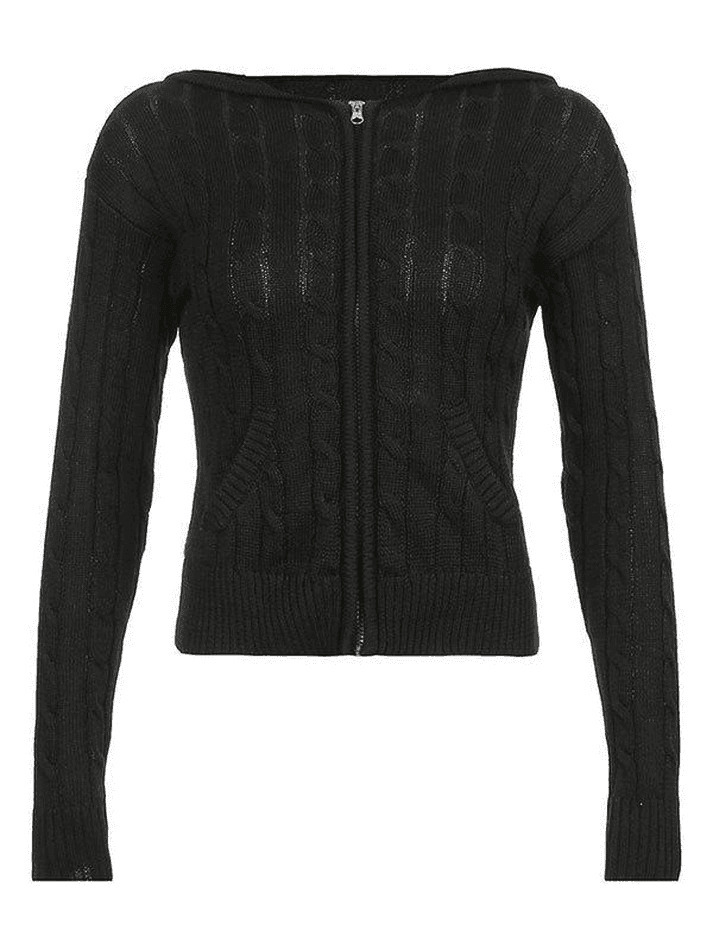 Cozy Hooded Cable Knit Cardigan for Y2K Fashion - Grunge, Pastel Goth, Coquette
