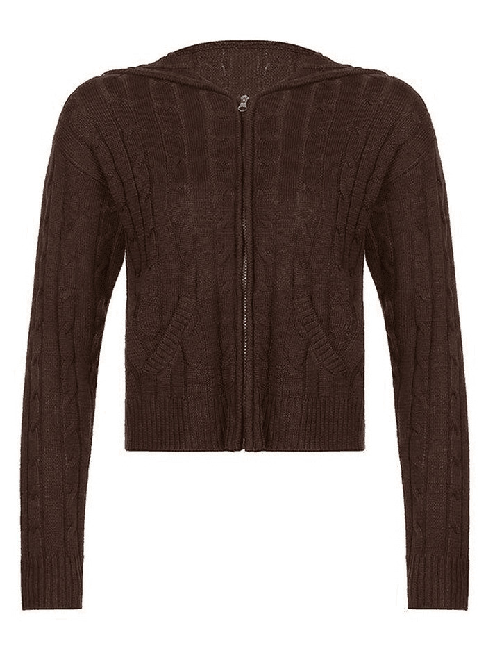 Cozy Hooded Cable Knit Cardigan for Y2K Fashion - Grunge, Pastel Goth, Coquette