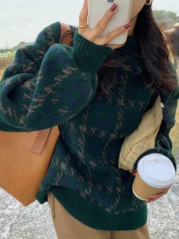 Cozy Houndstooth Crew Neck Knit Sweater for Y2K Fashion Enthusiasts