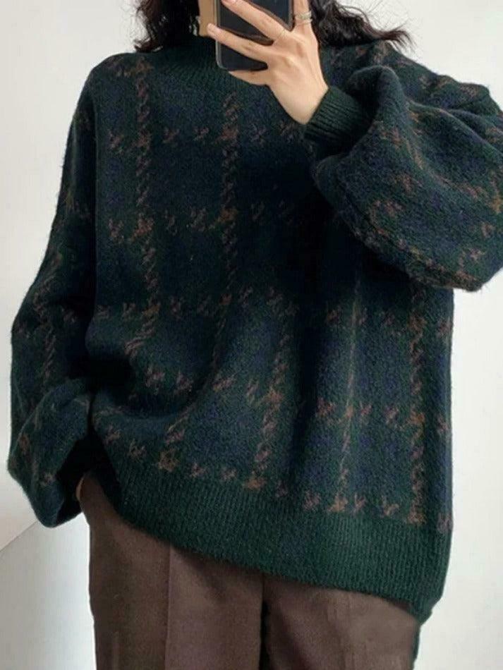 Cozy Houndstooth Crew Neck Knit Sweater for Y2K Fashion Enthusiasts