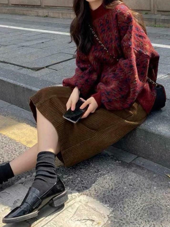 Cozy Houndstooth Crew Neck Knit Sweater for Y2K Fashion Enthusiasts