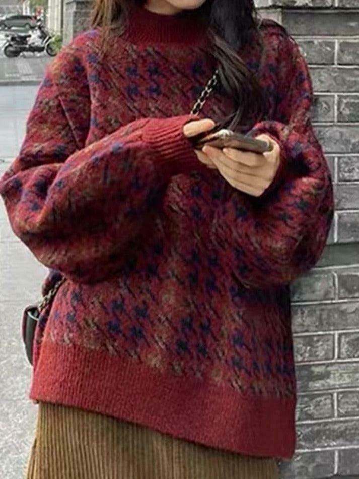 Cozy Houndstooth Crew Neck Knit Sweater for Y2K Fashion Enthusiasts