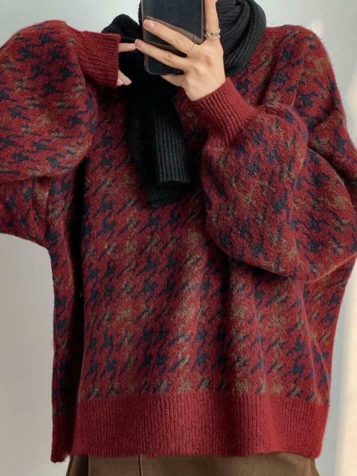 Cozy Houndstooth Crew Neck Knit Sweater for Y2K Fashion Enthusiasts