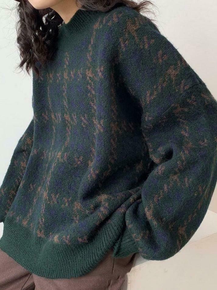 Cozy Houndstooth Crew Neck Knit Sweater for Y2K Fashion Enthusiasts