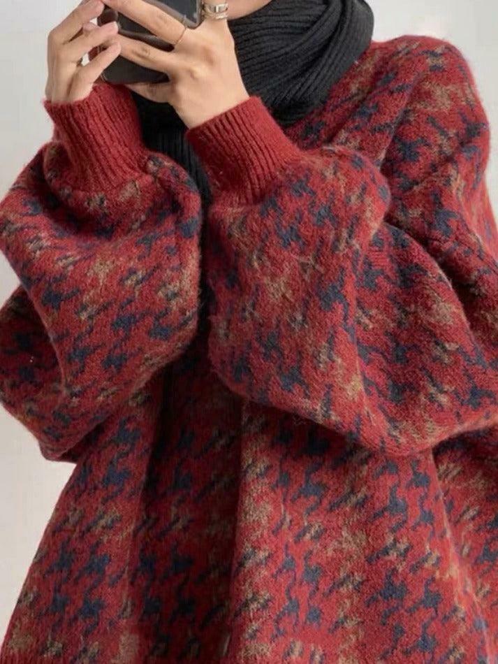 Cozy Houndstooth Crew Neck Knit Sweater for Y2K Fashion Enthusiasts