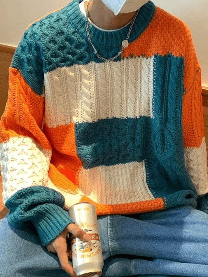 Cozy Men's Color Block Cable Knit Sweater for Y2K Fashion Enthusiasts