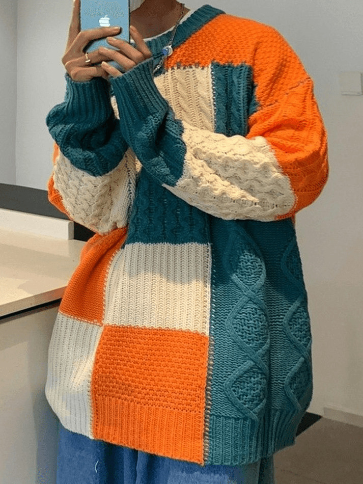Cozy Men's Color Block Cable Knit Sweater for Y2K Fashion Enthusiasts