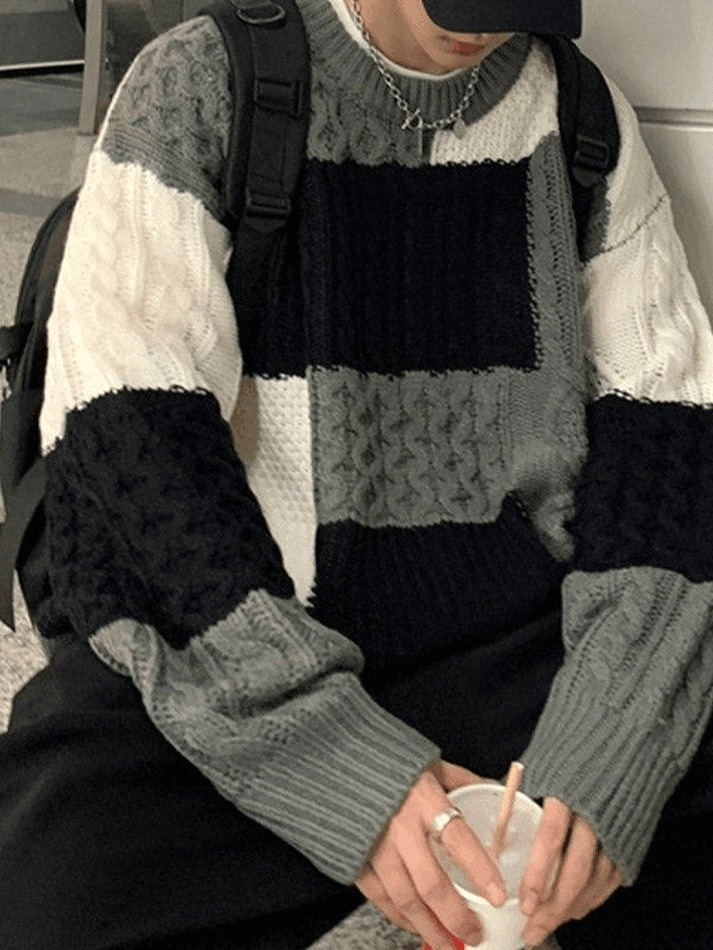 Cozy Men's Color Block Cable Knit Sweater for Y2K Fashion Enthusiasts