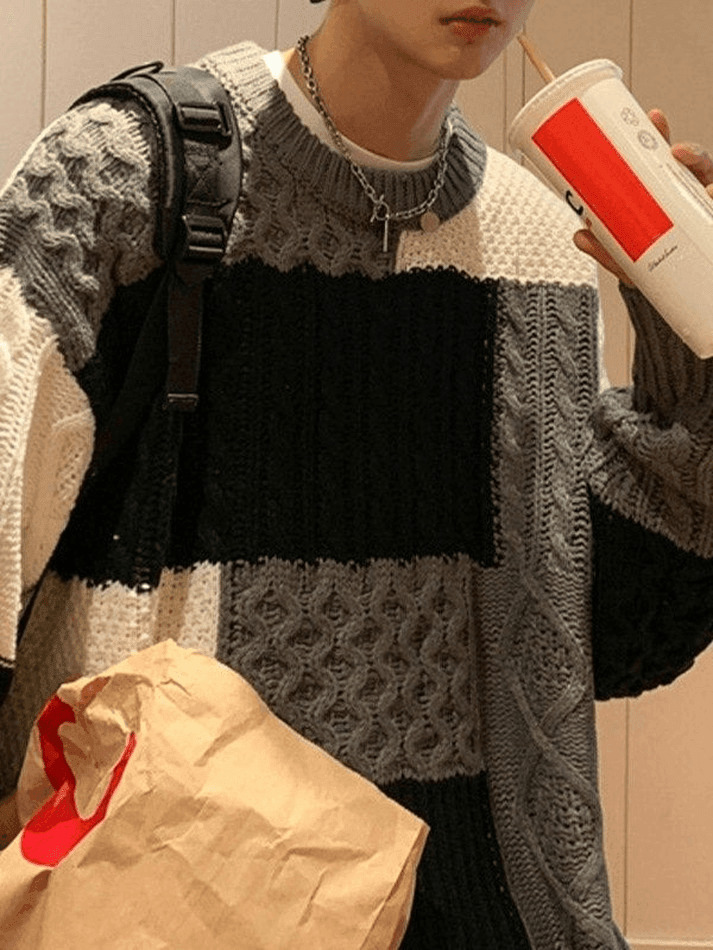 Cozy Men's Color Block Cable Knit Sweater for Y2K Fashion Enthusiasts