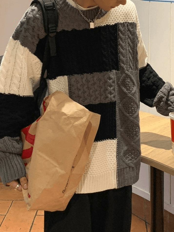 Cozy Men's Color Block Cable Knit Sweater for Y2K Fashion Enthusiasts