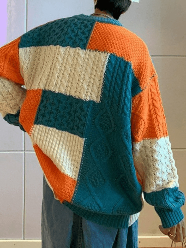 Cozy Men's Color Block Cable Knit Sweater for Y2K Fashion Enthusiasts