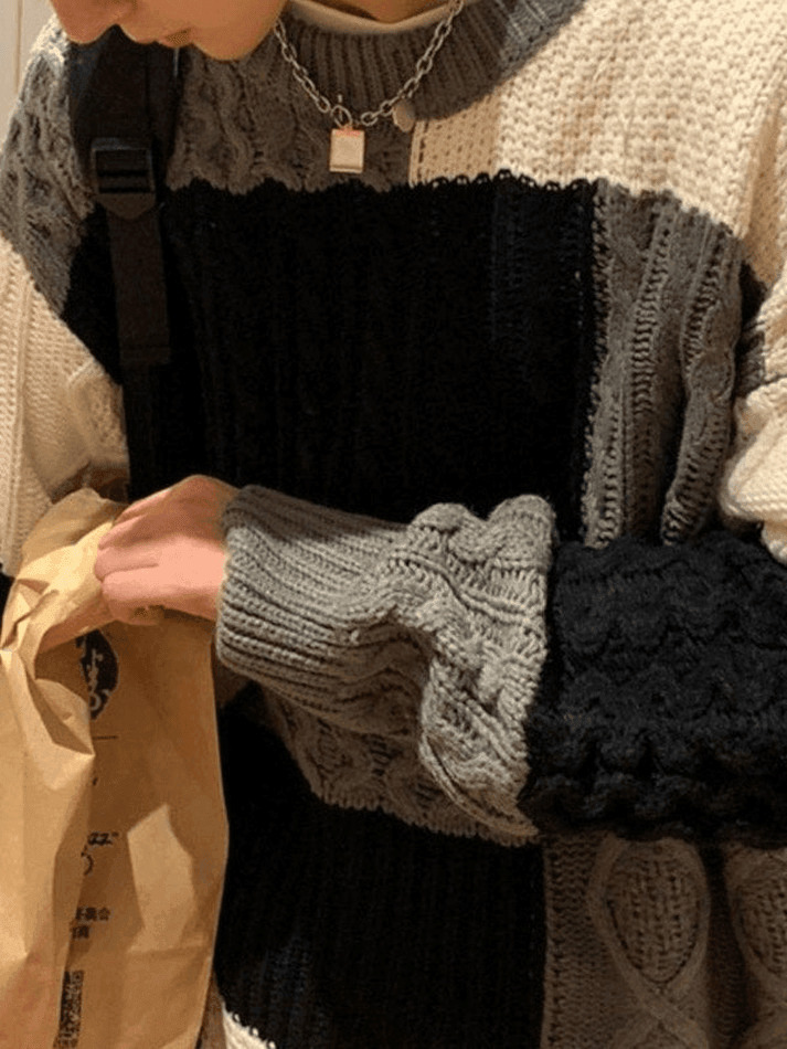 Cozy Men's Color Block Cable Knit Sweater for Y2K Fashion Enthusiasts