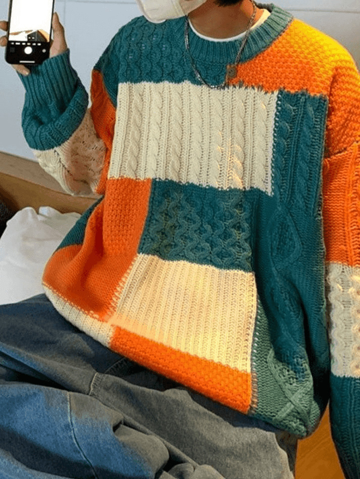 Cozy Men's Color Block Cable Knit Sweater for Y2K Fashion Enthusiasts
