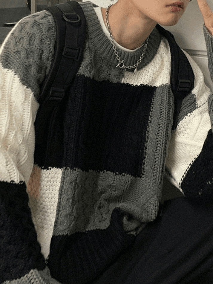 Cozy Men's Color Block Cable Knit Sweater for Y2K Fashion Enthusiasts