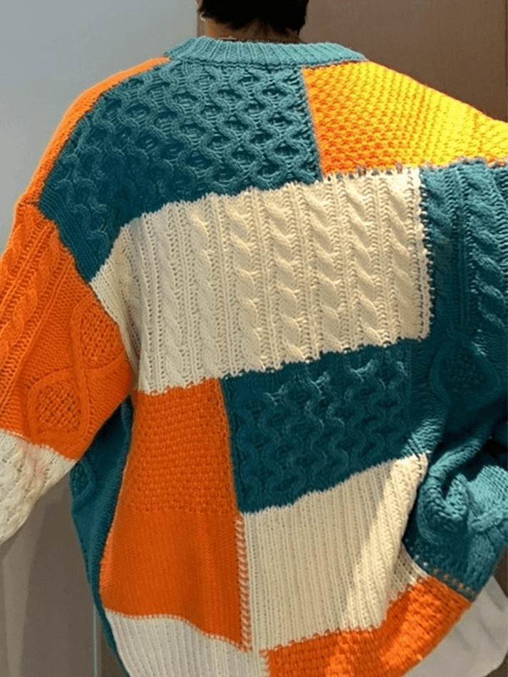 Cozy Men's Color Block Cable Knit Sweater for Y2K Fashion Enthusiasts