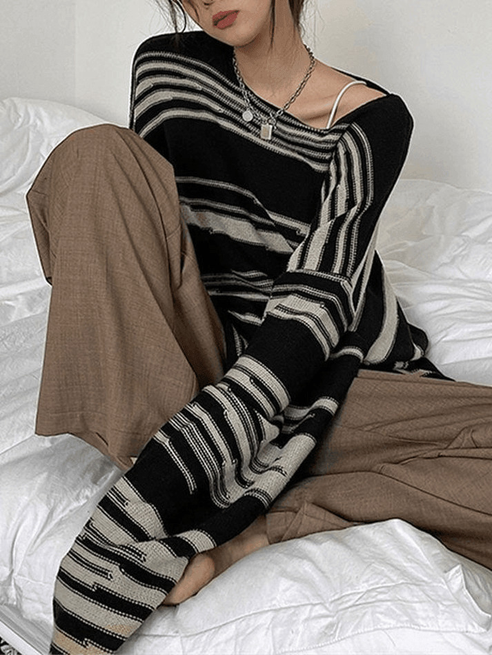 Cozy Oversized Stripe Jumper Knit Sweater for Y2K Aesthetic Fashionistas