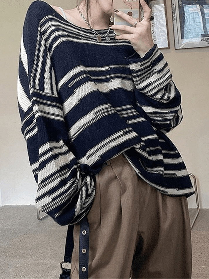 Cozy Oversized Stripe Jumper Knit Sweater for Y2K Aesthetic Fashionistas