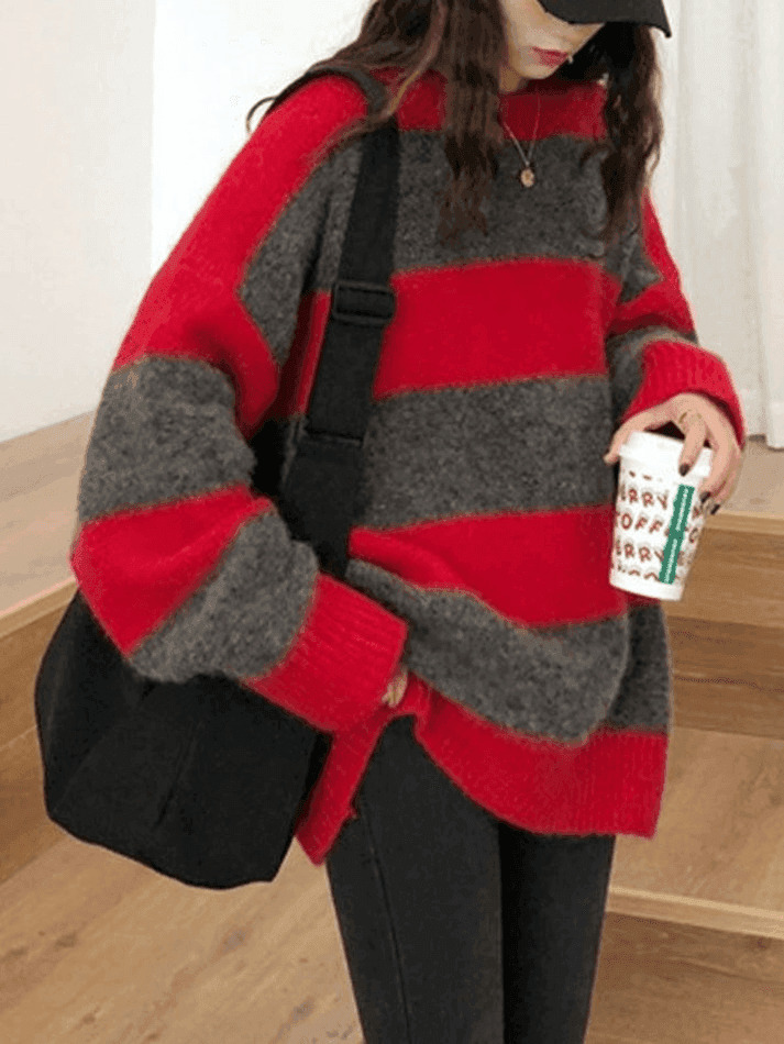 Cozy Oversized Stripe Pullover Sweater for Y2K Fashion Enthusiasts