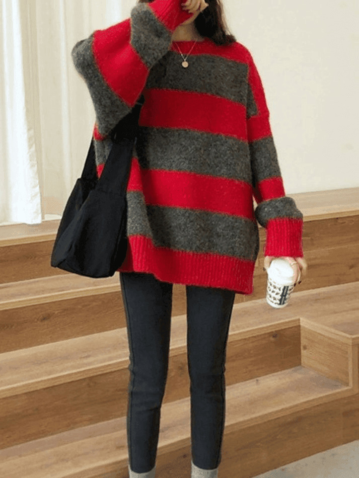 Cozy Oversized Stripe Pullover Sweater for Y2K Fashion Enthusiasts