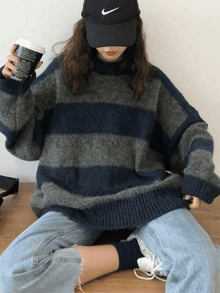 Cozy Oversized Stripe Pullover Sweater for Y2K Fashion Enthusiasts