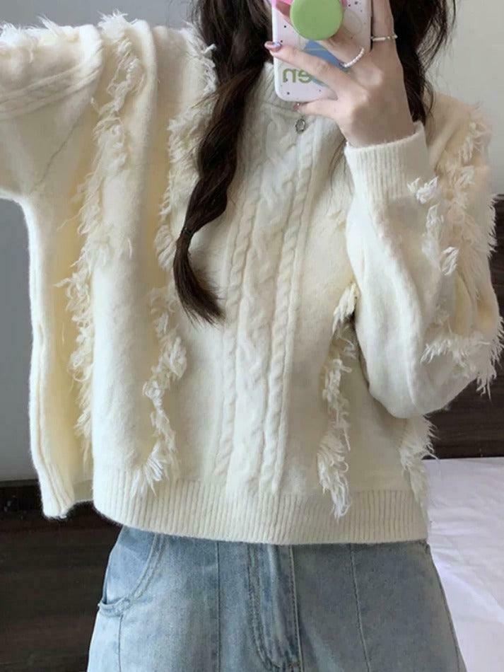 Cozy Solid Tassel Cable Knit Sweater for Y2K Fashion Enthusiasts