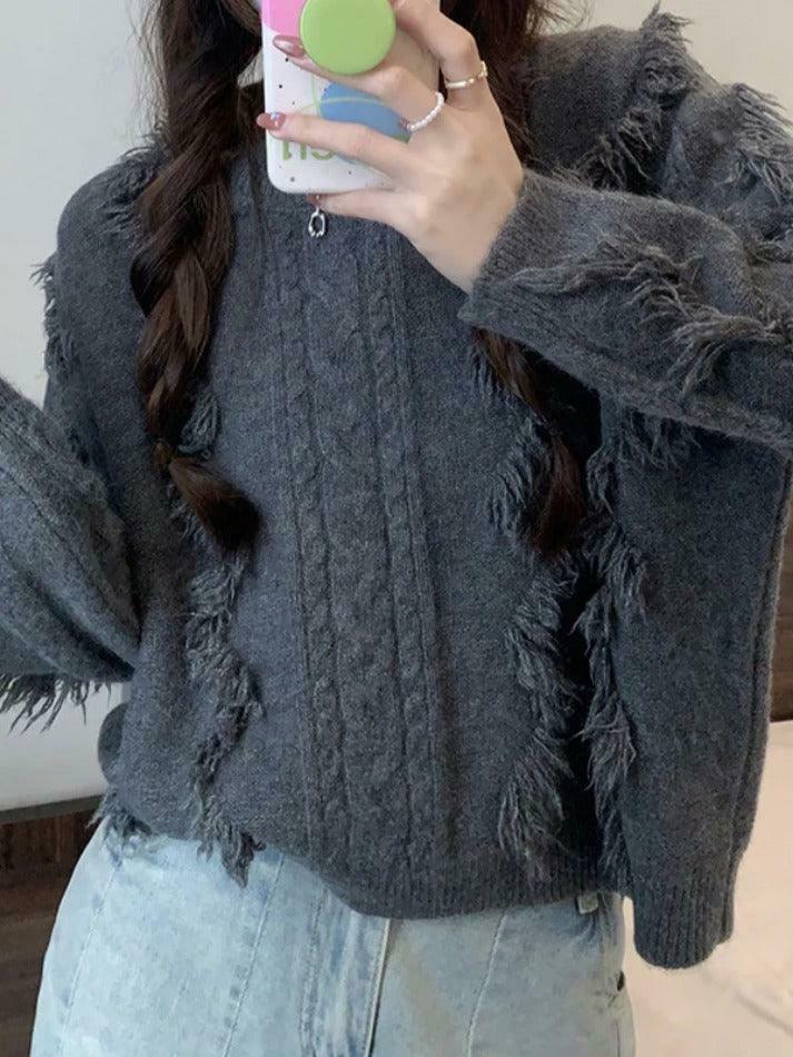 Cozy Solid Tassel Cable Knit Sweater for Y2K Fashion Enthusiasts