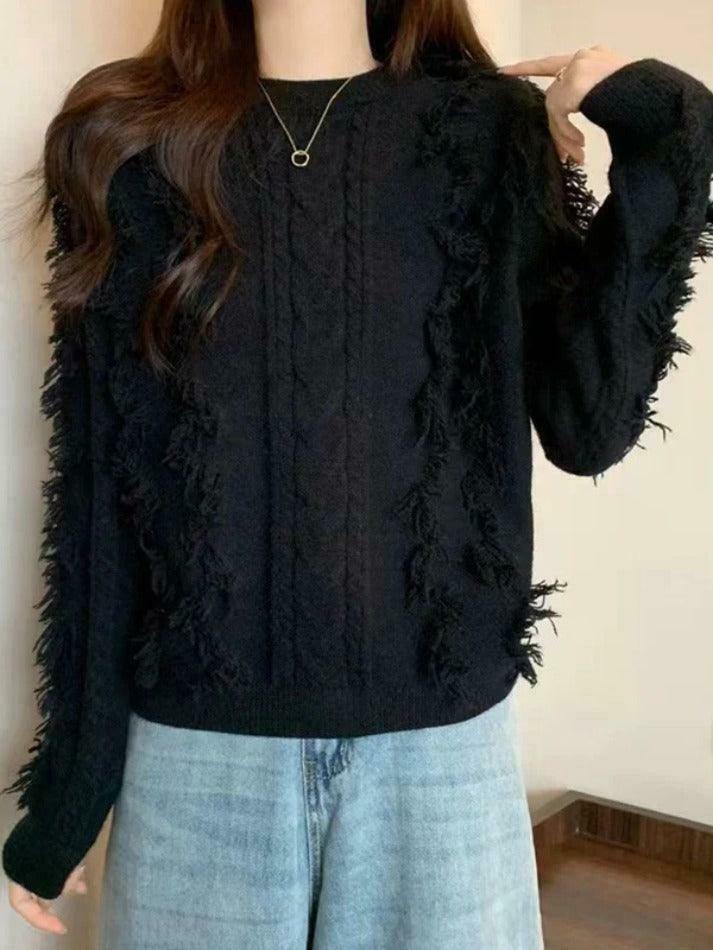 Cozy Solid Tassel Cable Knit Sweater for Y2K Fashion Enthusiasts