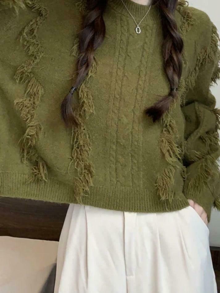 Cozy Solid Tassel Cable Knit Sweater for Y2K Fashion Enthusiasts