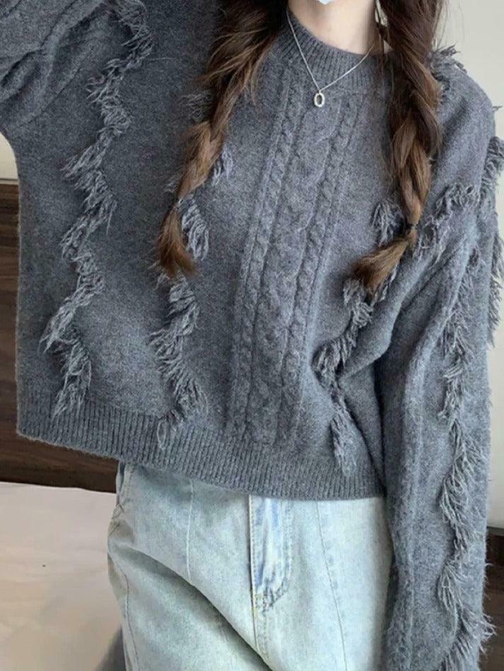 Cozy Solid Tassel Cable Knit Sweater for Y2K Fashion Enthusiasts