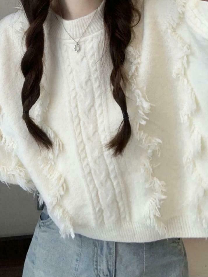 Cozy Solid Tassel Cable Knit Sweater for Y2K Fashion Enthusiasts