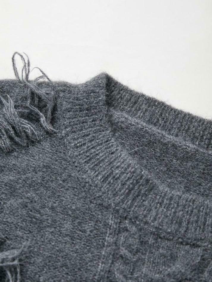 Cozy Solid Tassel Cable Knit Sweater for Y2K Fashion Enthusiasts